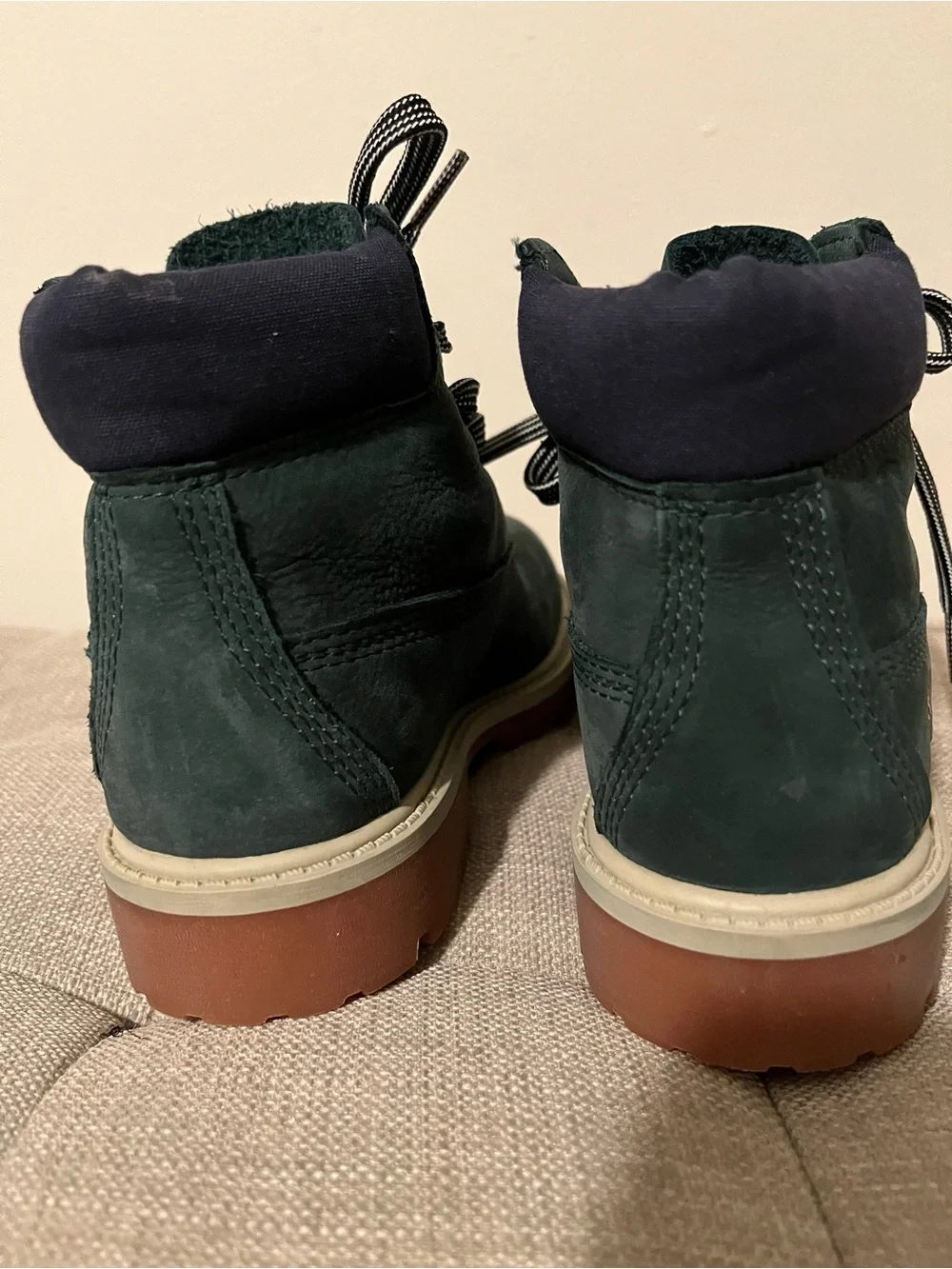 Timberland Kids Dark Green Nubuck Lace-Up Boots with Tan Soles